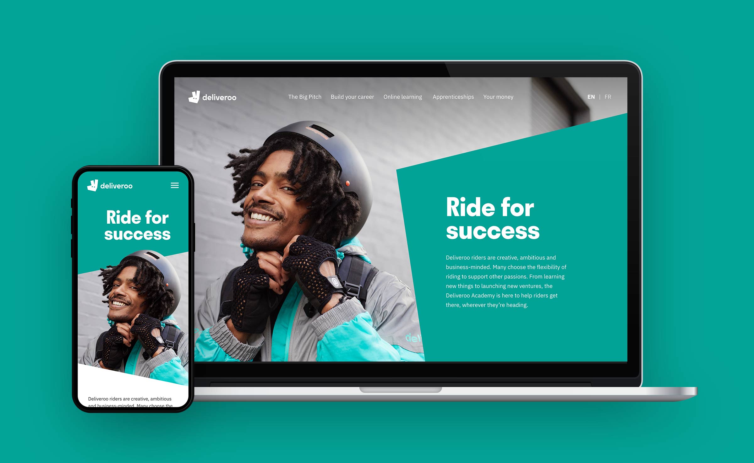 Deliveroo riders' academy website on a phone and a laptop